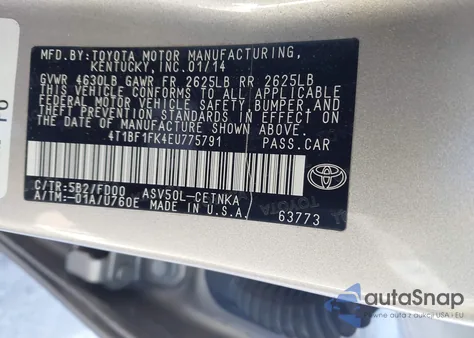 2014 Toyota Camry Le z USA, uszkodzony, nr VIN 4T1BF1FK4EU775791